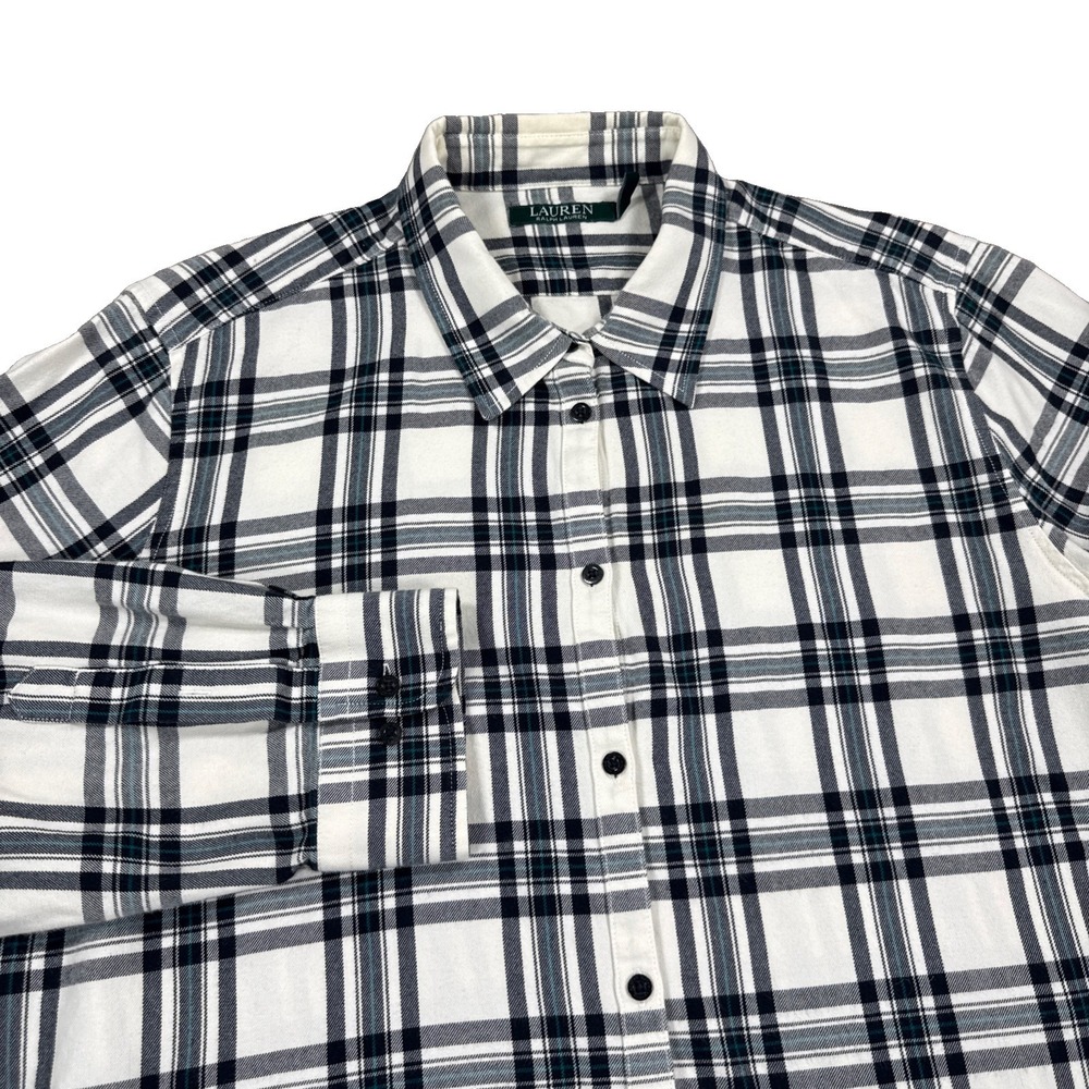 Lauren Ralph Lauren Shirt Women's XL Cream Green Plaid  Roll Tab Sleeve Cotton